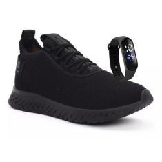 Tênis Esportivo Masculino Para Academia De Caminhada Preto + Relógio -