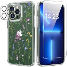 bicol Capa para iPhone 13 Pro Max com protetor de tela e lente de câmera - Designs florais de flores elegantes para mulheres e meninas - Capa de telefone transparente de acrílico à prova de choque de