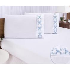 Jogo lençol Queen casal bordado 3 peças branco azul veneza - Shoppingn
