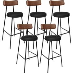 Kit 05 Banquetas Alta Bar Cozinha Milão L02 Assento Courino Base Aço Encosto Fixo Marrom