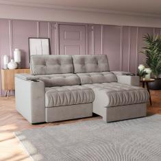 Sofá 230 Cm Com Porta Copos Retrátil E Reclinável Premier Cinza Claro
