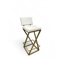 Banqueta Zênite Com Encosto Estofada Metalon Dourado Branco - 65cm