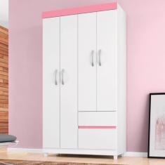 Guarda Roupa Solteiro 4 Portas E 2 Gavetas Almirante Branco-rosa-branco