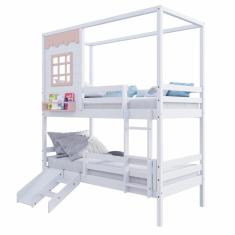 Beliche Casinha Reta Com Grade Removível E Escorregador Madeira Maciça Branco- Rosa Housin
