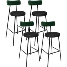 Kit 04 Banquetas Alta Bar Cozinha Sala De Jantar Milão L02 Facto Verde Couríssimo Preto - Lyam Decor