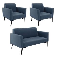 Sofá Namoradeira Com 2 Poltronas Pés Villach Marisa Suede D03 - D\`rossi Cor Azul Marinho
