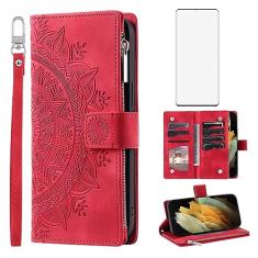 Asuwish Capa de telefone para Samsung Galaxy S21 Ultra 5G Capa carteira com protetor de tela de vidro temperado e alça de pulso Mandala flor flip zíper porta-cartões celular S21ultra 21S S 21 21ultra