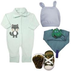 Kit Bebê 4Pçs Macacão Touca Tênis e Naninha Maternidade - Koala Baby, 