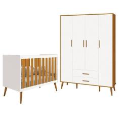 Jogo De Quarto Infantil Isis Guarda Roupa 4 Portas E Berço Branco Savana - Reller Móveis Branco Savana