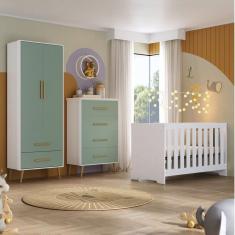 Quarto de Bebê Completo Guarda-roupa 2 Portas 2 Gavetas com Cômoda e Berço Magia Espresso Móveis Branco/Verde