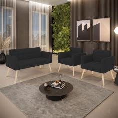 Kit 1 Sofá Namoradeira e 2 Poltronas Elisa Veludo Pés Palito Natural D