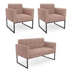 Sofá Namoradeira e 2 Poltronas Industrial Pto Elisa Bouclê Rosê D03 - D?Rossi