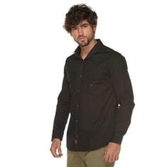 Camisa Social Manga Longa Slim Lisa Algodão Militar Bolsos-Masculino