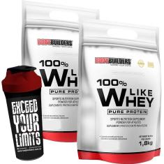 Kit Suplementos 2x 100% Like Whey Protein Soro do Leite 1,8kg + Coqueteleira Material Reforçado 600ml