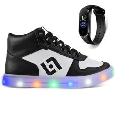 Tenis Infantil De Led Meninos Botinha Cano Alto Escolar Casual Basico + Relogio