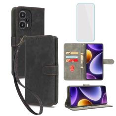 IUQXU Capa carteira para celular Xiaomi Poco F5 5G com protetor de tela [bloqueio RFID] Suporte de cartão flip de couro alça de pulso feminina masculina capa de celular para Xiaomi PocoF5 Poco F 5 5G