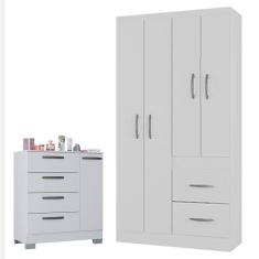 Cômoda 868 4 Gavetas e 1 Porta com Guarda Roupa Solteiro Milão 4 Portas Branco Brilho - Poquema