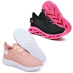Kit Tênis Feminino Esportivo Evoltenn 2 Pares Confotavel Preto/Rosa, P