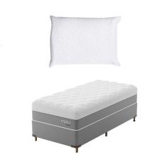 Cama Box Solteiro com Colchão Sublime Mola Ensacada e Espuma Viscoelástica (32x78x188) Cinza e Branco com Travesseiro Guldi Soft Nasa Branco