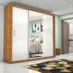 Guarda Roupa Casal com Espelho 3 Portas de Correr Ilheus Plus Cinamomo-Branco
