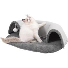Cama de túnel para gatos, abrigo espaçoso para condomínios para gatos com bola de pelúcia branca, túneis interativos laváveis ​​para gatos, cama para gatos com aquecimento automático, caverna macia e