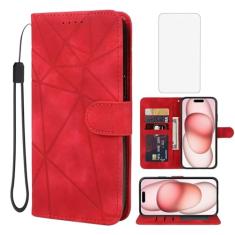 Wanyuexes Capa para iPhone 15 de 6,1 polegadas, capa carteira para Apple 15 com protetor de tela de vidro temperado, toque de pele PU, flip fólio, suporte para cartão de crédito, suporte para iPhone
