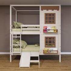 Beliche Casinha Reta com 02 Janelas e Escorregador Madeira Maciça Branco/ Amêndoa Housin