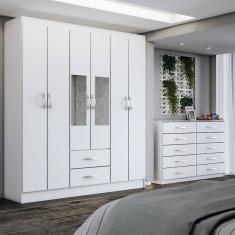 Guarda-Roupa Casal Marromanie 6 Portas 2 Gavetas e Espelho com Cômoda 10 Gavetas Branco - Panorama Móveis