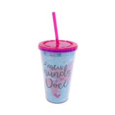 Copo Azul Com Canudo Meu Mundo É Você 450ml Projeto Kiwi - Taimes