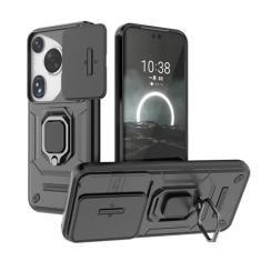 SORAKA Capa para Huawei Pura 70 Ultra com suporte para anel e tampa deslizante para câmera Capa Huawei Pura 70 Ultra com placa de metal para suporte magnético Capa de camada dupla em PC e TPU