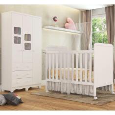 Quarto de Bebê Completo Berço Mini Cama Cloe 2 Em 1 Guarda Roupa Uli 3 Portas 3 Gavetas Móveis Peroba