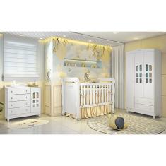 Quarto de Bebê Provençal Lisa Berço Mini Cama Guarda Roupa 3 Portas Cômoda Infantil Branco Carolina Baby