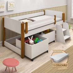 Cama Naty Solteira Design Infantil Com Nichos E Colchão Divaloto - Branco/Amêndoa - Branco