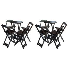 Kit 2 Mesas Bistrô Dobraveis em Madeira Padrão com 4 Banquetas Altas - Tabaco