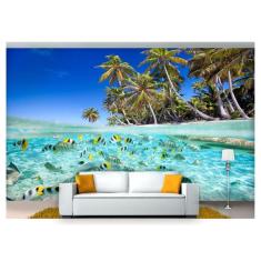 Papel De Parede Praia Mar Coqueiros Peixes 3D  Npr242
