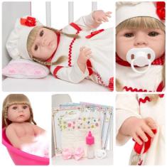 Boneca Bebê Reborn Loira Realista Vestido Vermelho 13 Itens - Cegonha 
