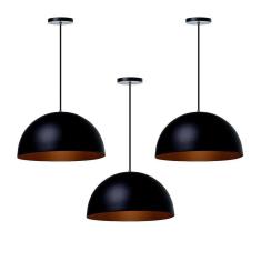 Kit 3 Lustres Pendentes Meia Lua Preto 40 Cm