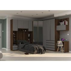 Guarda Roupa Solteiro de Canto Vidro Reflecta com Escrivaninha Nogueira Cinza Prime Luciane Móveis