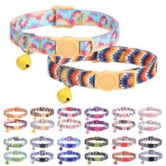 DILLYBUD Coleiras de gato para meninas, meninos e gatos, coleira de gatinho personalizada com vários padrões, pacote com 2, fivelas e sinos de segurança clássicos, ajustável, estampado, de nylon colorido rosa