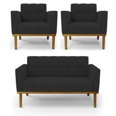 Sofá Namoradeira E 2 Poltronas Base Madeira Castanho Elisa Veludo D03 - D\`rossi Cor Preto
