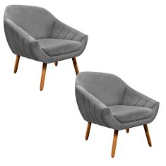 Kit 02 Poltronas Giovana Suede Pés Palito Castanho Grafite - DROSSI