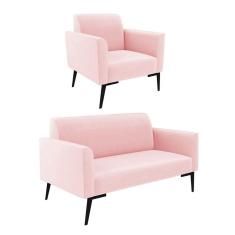 Sofá Namoradeira Com Poltrona Pés Villach Marisa Suede D03 - D\`rossi Cor Rosa Bebê
