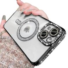 Casechics Compatível com capa para iPhone, capa de telefone luxuosa com glitter brilhante [compatível com Magsafe] Capa de telefone macia galvanizada de diamante à prova de choque (preta, iPhone 15