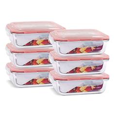 KIT 6 Potes de Vidro Retangular com Tampa Hermética 1040ml Cor:Vermelho (QH)