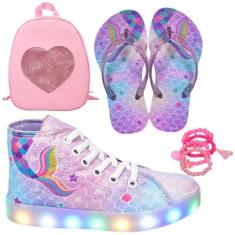 Tênis Botinha Infantil Led Feminino Sereia Casual +Mochila+Pulseira+Ch