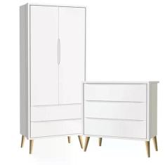 Guarda Roupa 2 Portas e Cômoda 3 Gav Theo Branco Fosco Pés Madeira Nat