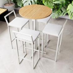 Conjunto Mesa Alta Bar Bistrô Redonda Pinus 4 Banquetas Confort Estofa