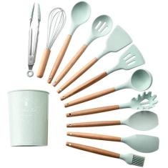 Jogo de Utensílios de Cozinha em Silicone e Madeira 12 peças - VERDE -