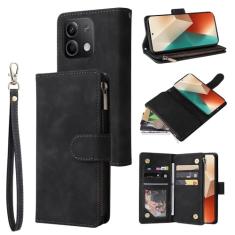 Capa carteira para Xiaomi Redmi Note 13 5G, 6 compartimentos para cartão, 1 compartimento para dinheiro, bolsa de couro com zíper, fecho magnético flip com alça de pulso para Redmi Note 13 5G 2024