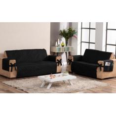 kit capa de sofá face única 2 e 3 lugares com laço porta objetos preto
